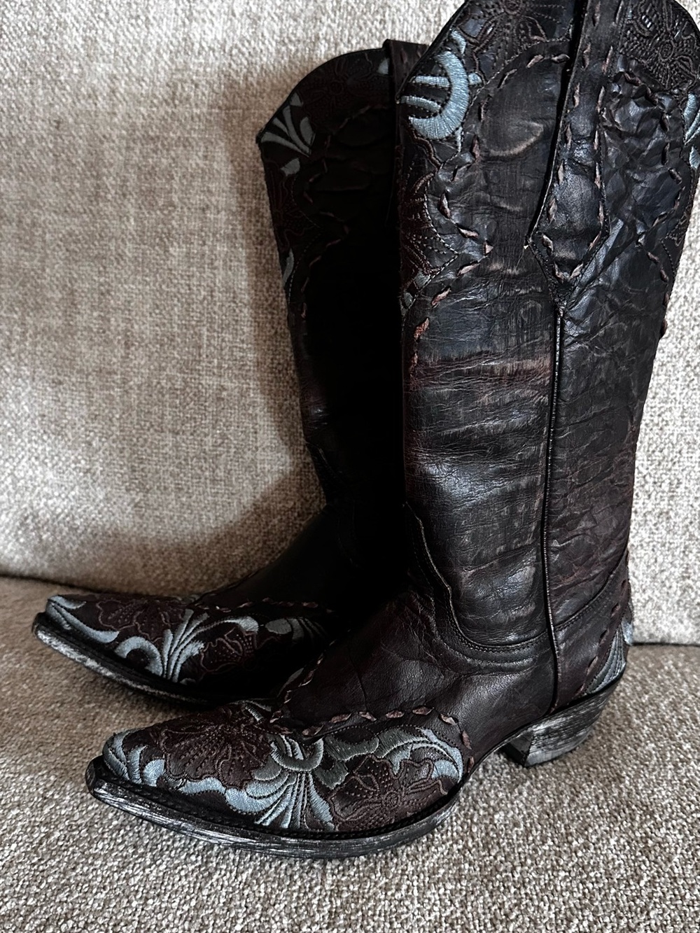 Old Gringo Dark Brown Leather Embroidered Western Heeled Boots with Gray Accents